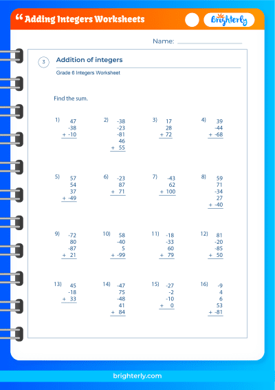 Adding Negative Integers Worksheet