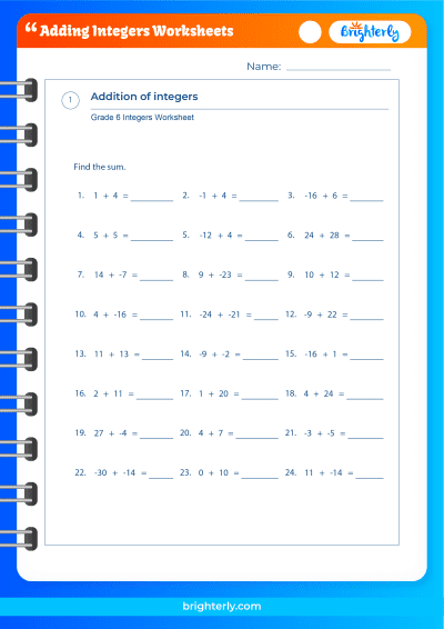 Addition Of Integers Worksheet