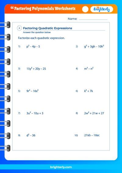 Algebra 1 Factoring Polynomials Worksheets