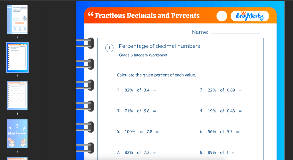 Fractions, decimals and percents worksheets PDF: Examples