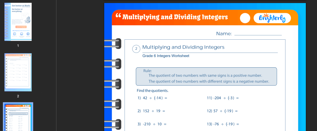 Multiplying and dividing integers worksheet PDF: Examples