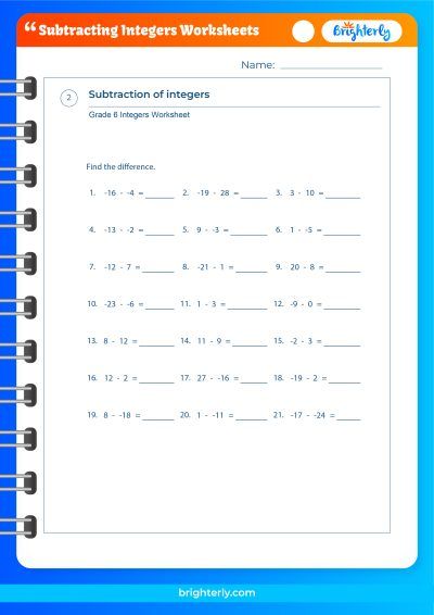 Subtraction Of Integers Worksheet