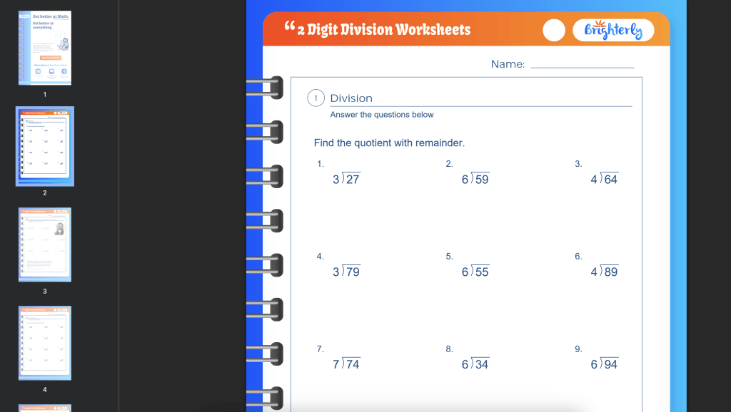 2 digit division worksheets PDF: Examples
