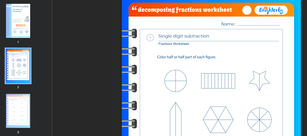 Decomposing fractions worksheet: Examples