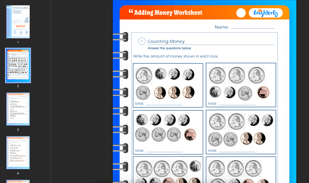 Money addition worksheets PDF: Examples