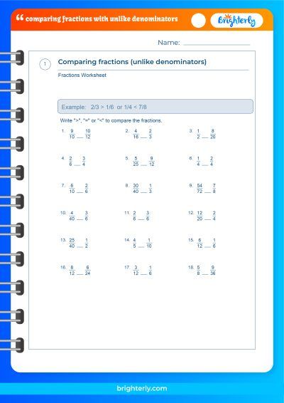 Comparing Fractions With Unlike Denominators Worksheet PDF