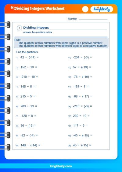 Dividing Integers Worksheets