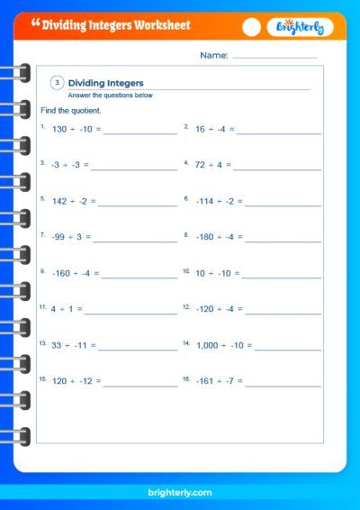 Division Integers Worksheet