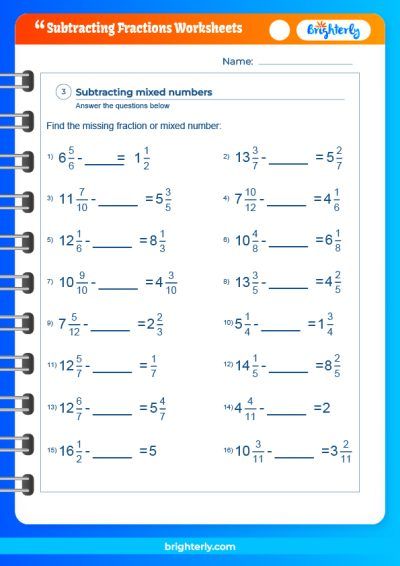 Subtracting Fractions From Whole Numbers Worksheet