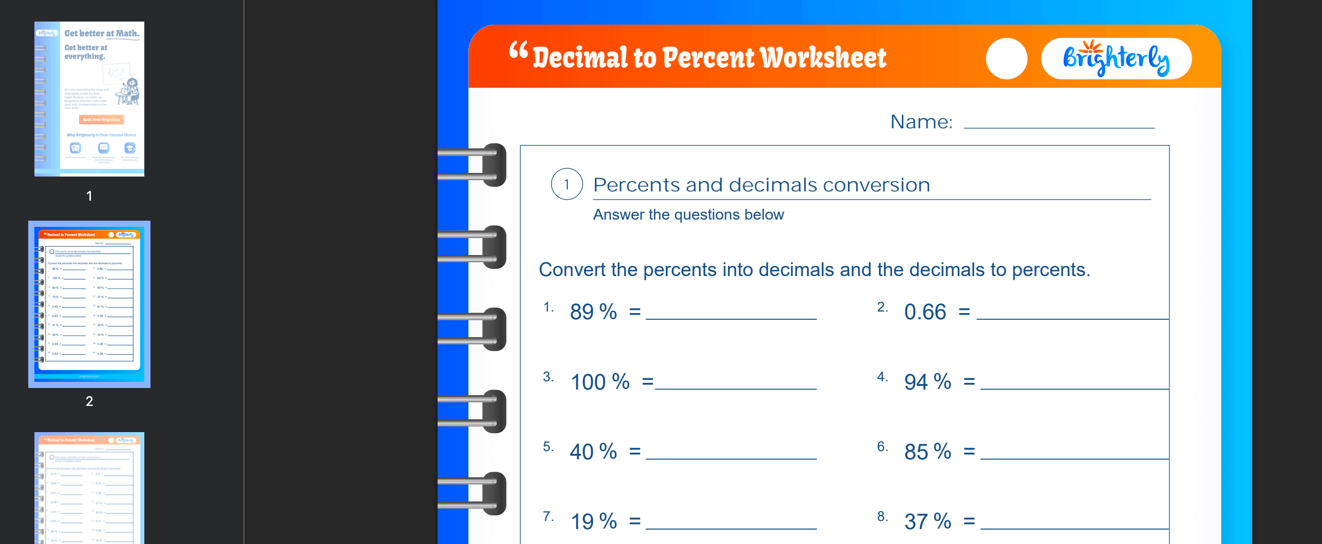 Decimal to percent worksheet: Examples