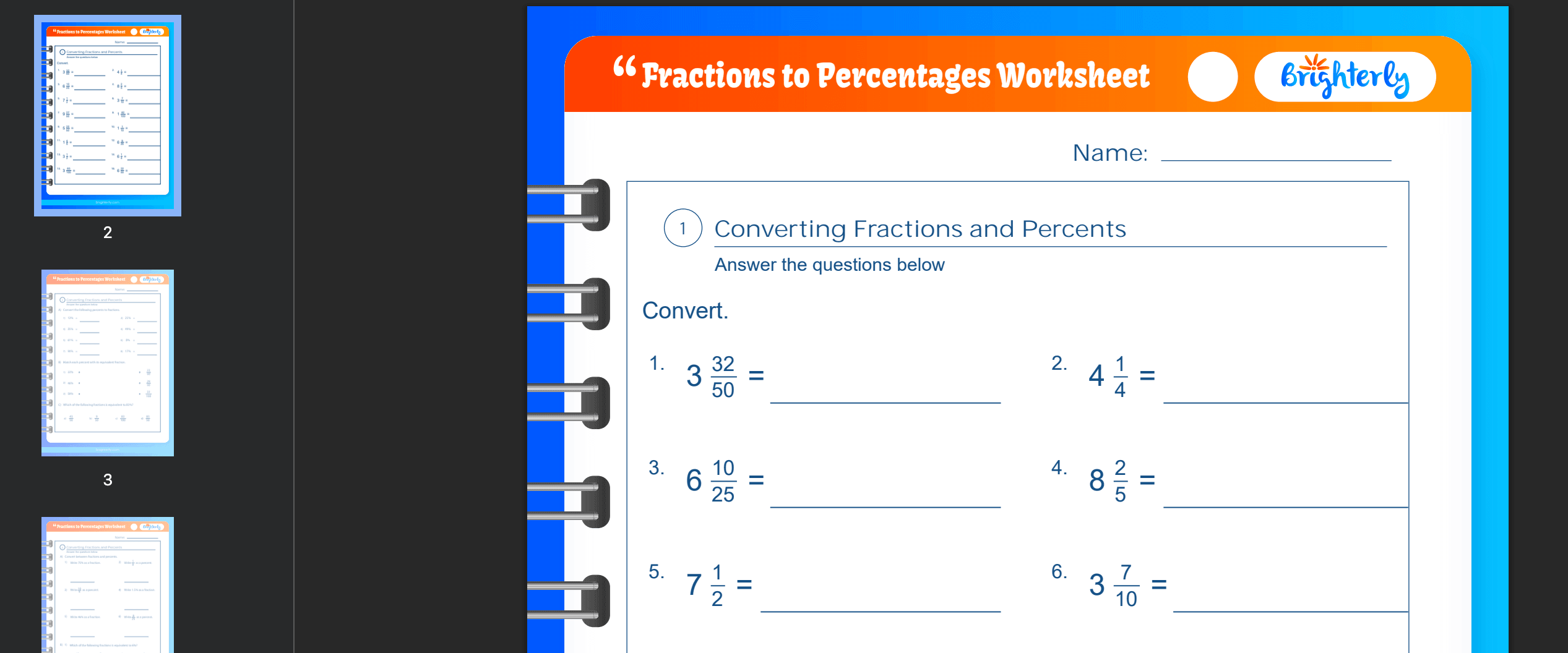 Fractions to percentages worksheets: Examples