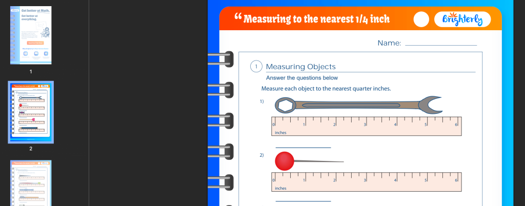 Measuring to the nearest 1/4 inch worksheet: An example