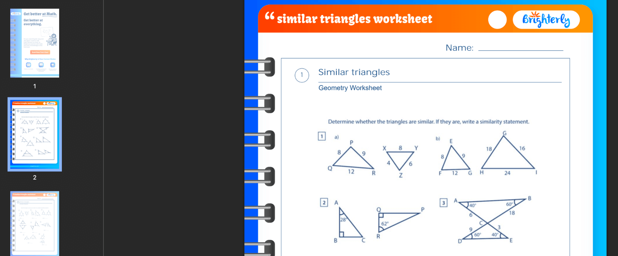 Triangle similarity worksheet: Examples