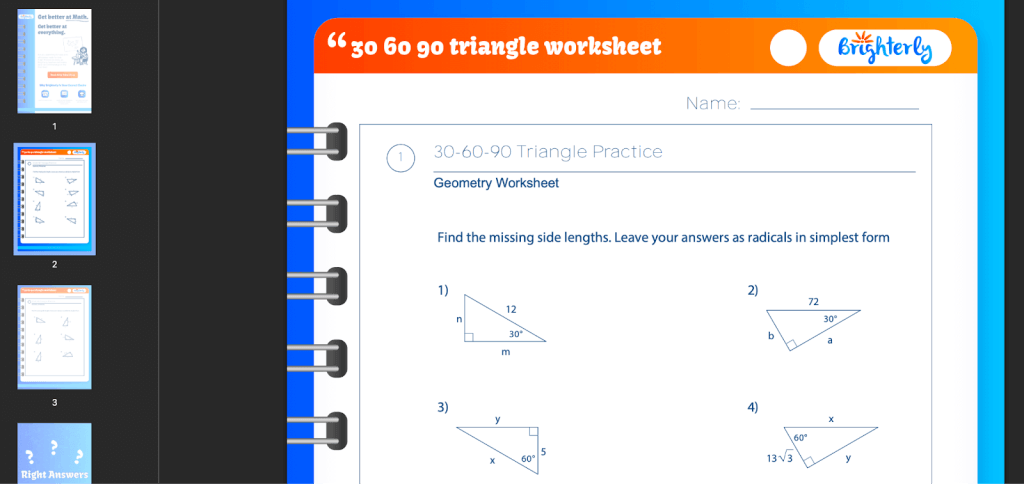 30-60-90 triangle examples with answers by Brighterly