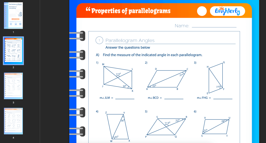Properties of parallelograms worksheet: Examples