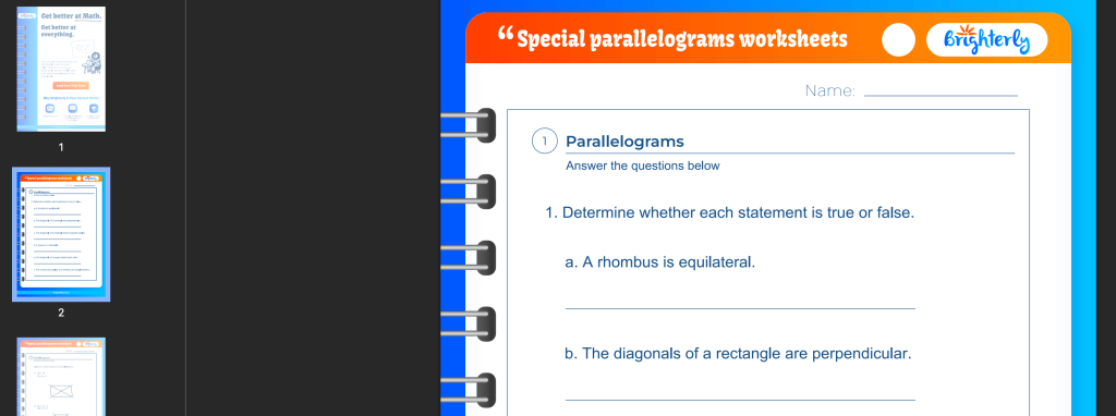 Special parallelograms worksheet PDF: Examples