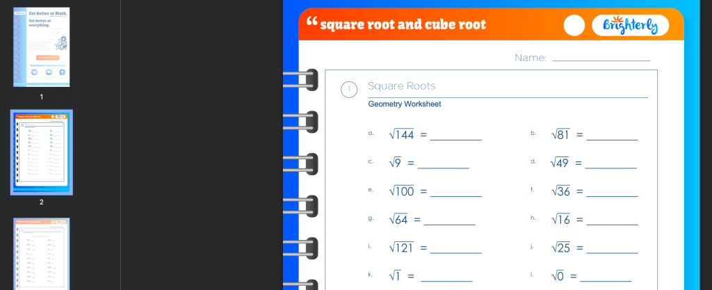 Square roots and cube roots worksheet: Examples of Brighterly