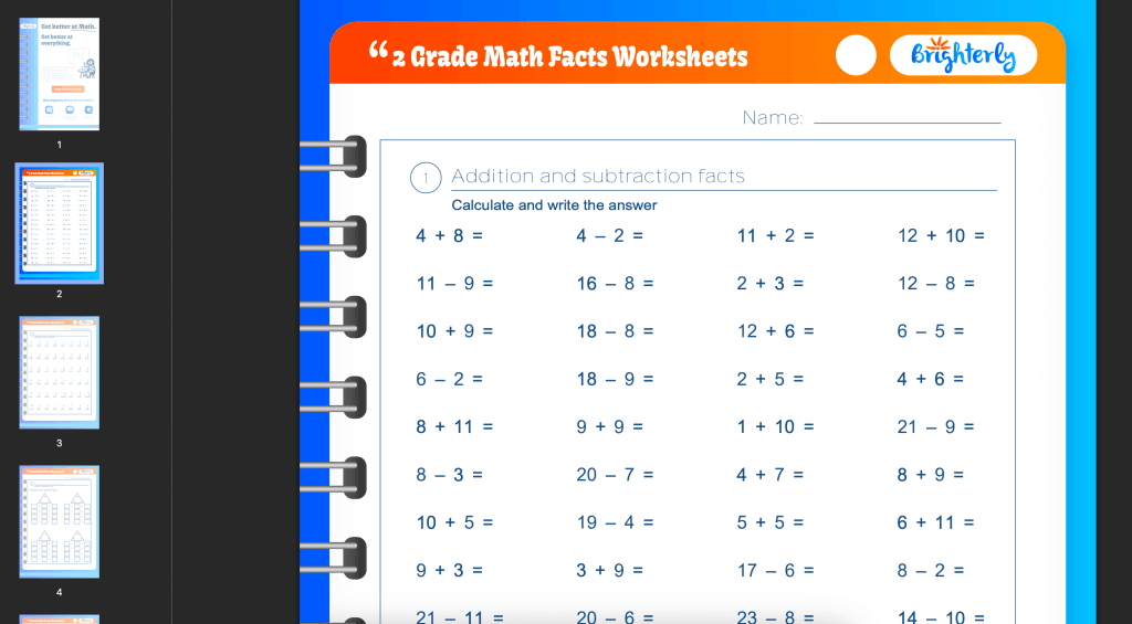 Second grade math facts worksheets: Examples