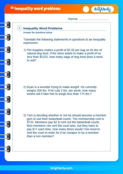 Solving Inequalities Word Problems Worksheet