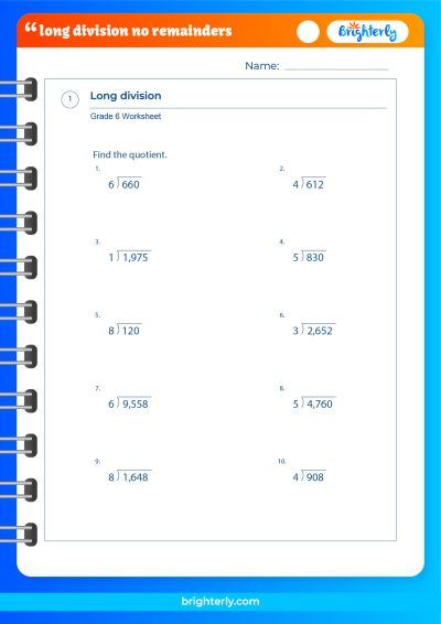 Long Division No Remainders Worksheet PDF