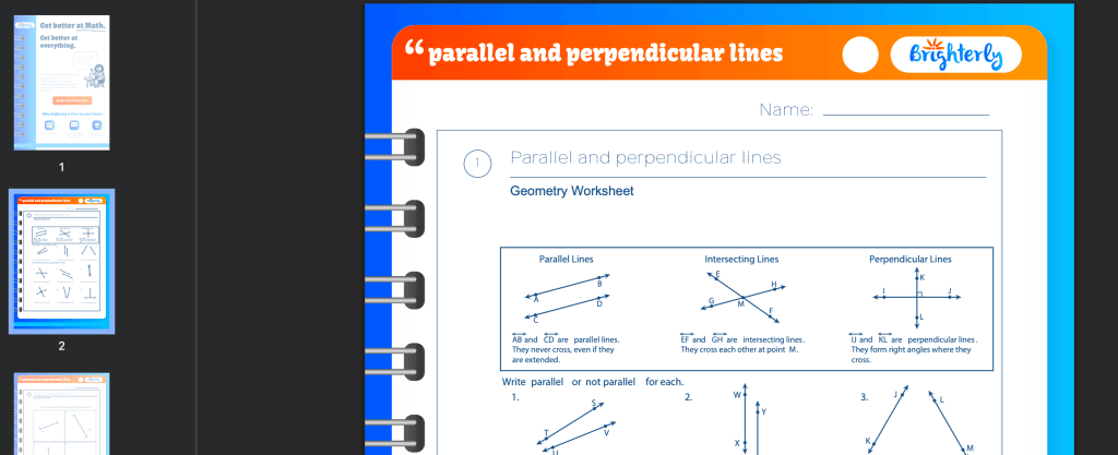 Parallel and perpendicular lines worksheet PDF: Examples