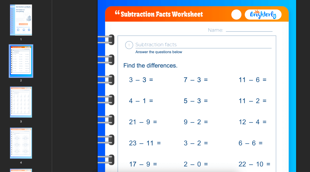 Subtraction facts worksheets PDF: Examples