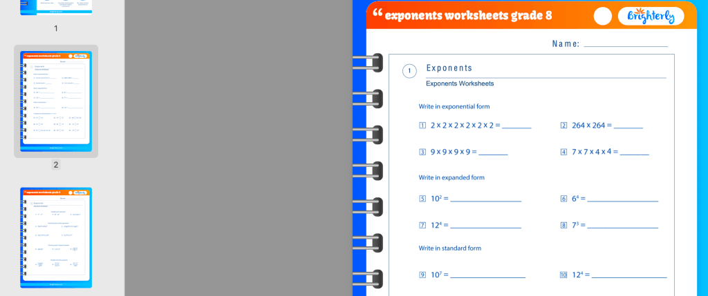 Exponents worksheets for 8th grade: Examples