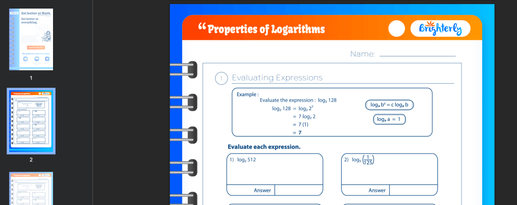Log properties worksheet: Examples