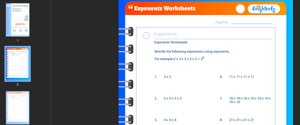 Exponents worksheets PDF: Examples
