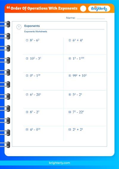 Order of Operations Exponents Worksheet