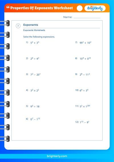 Exponents Properties Worksheet PDF