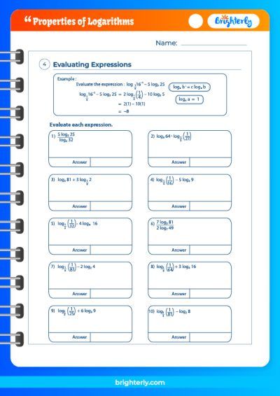 Properties of Logarithms Worksheet PDF with Answers