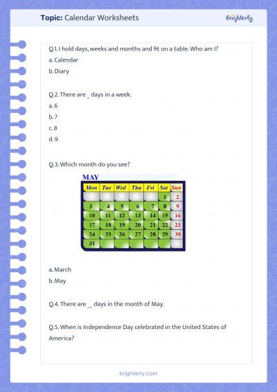 Kindergarten Calendar Worksheets