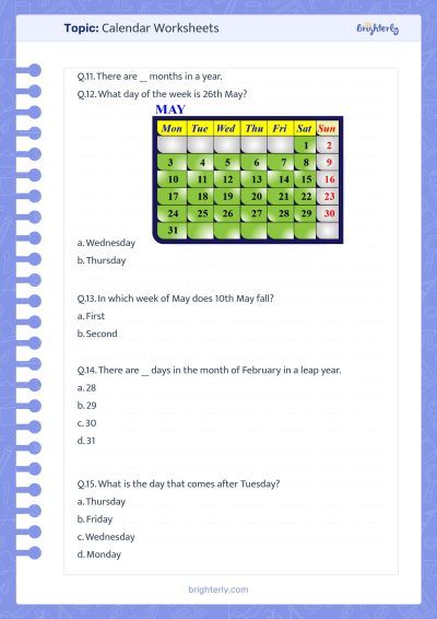 Free Printable Calendar Worksheets