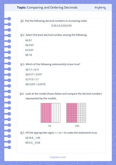 Worksheets On Ordering Decimals
