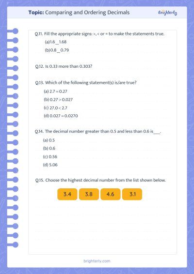 Comparing Ordering Decimals Worksheets