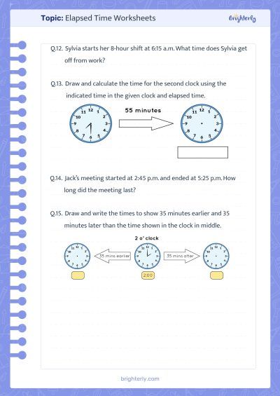 Elapsed Time Number Line Worksheets PDF