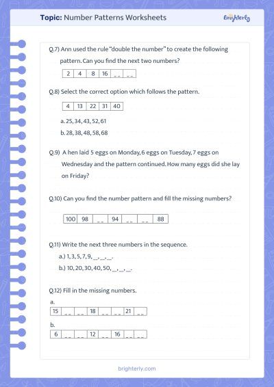 Number Patterns Worksheet PDF