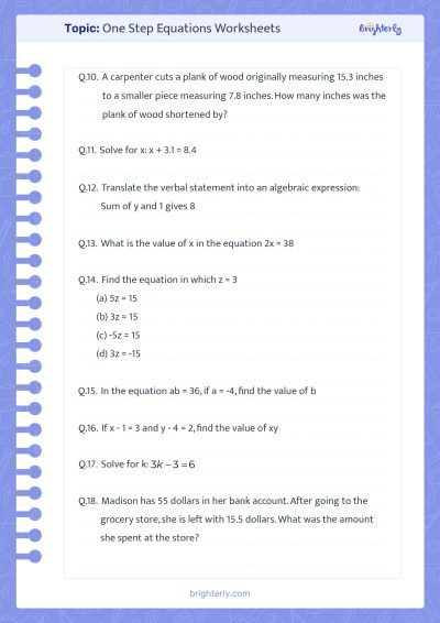 One-Step Equations Worksheets Pdf