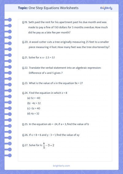 One Step Algebra Equations Worksheets