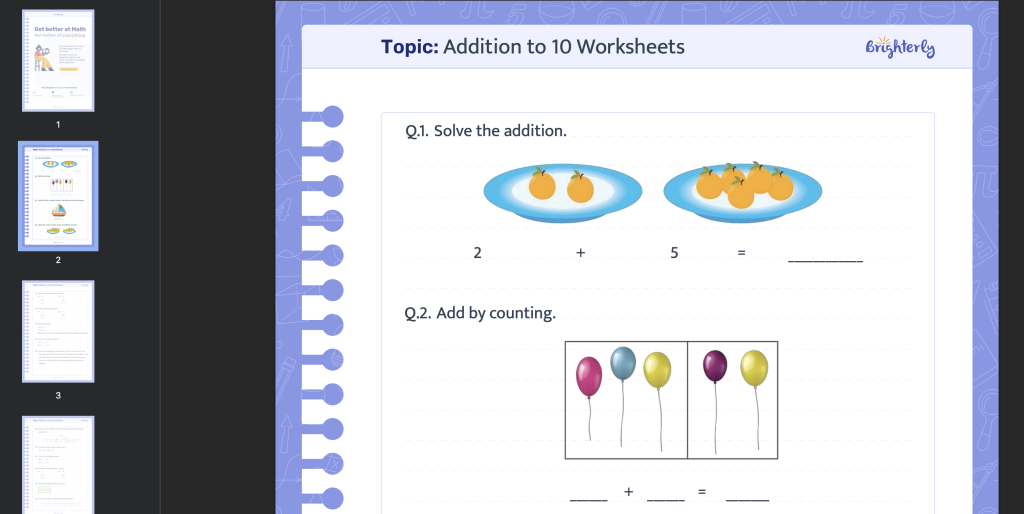 Addition within 10 worksheets: Examples