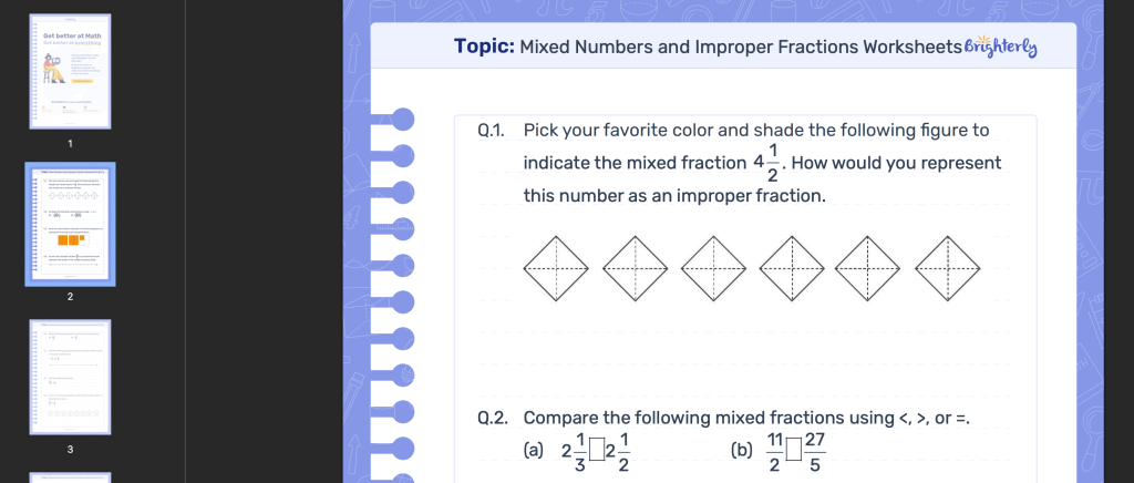 Mixed numbers on a number line worksheet: Examples