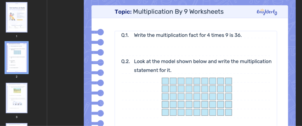 Multiplication by 9 worksheets printable: Examples