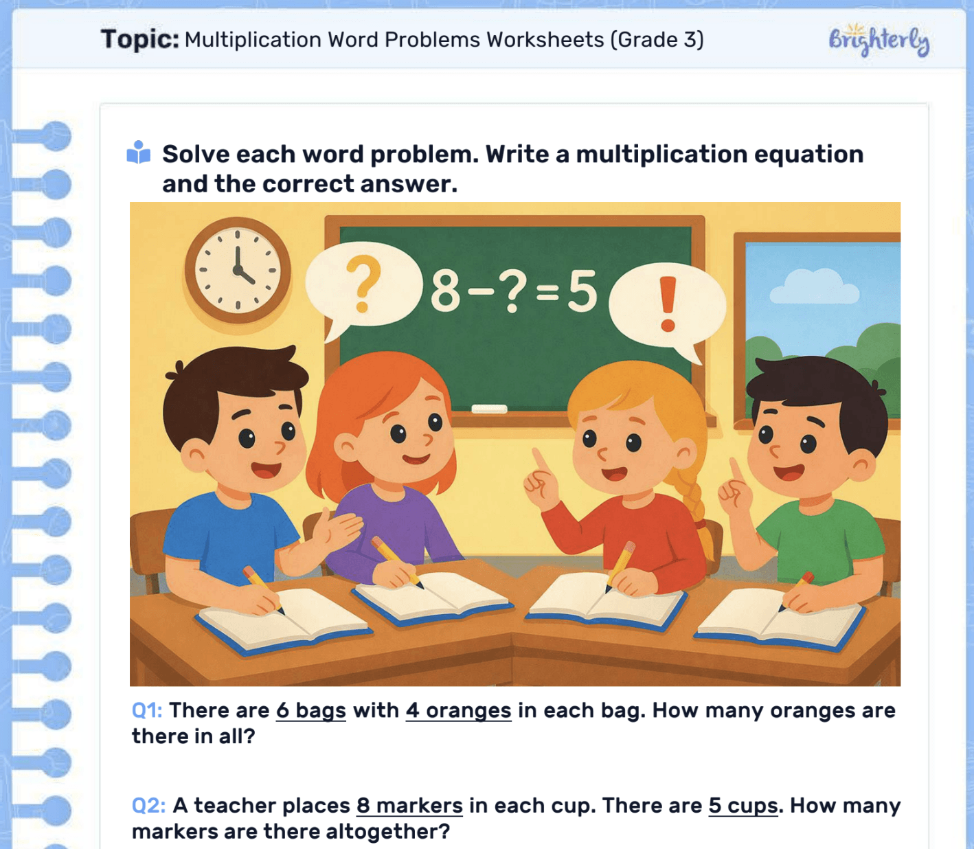 Multiplication story problems worksheets: Examples