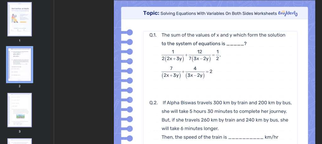 Solve equations with variables on both sides worksheet: Examples