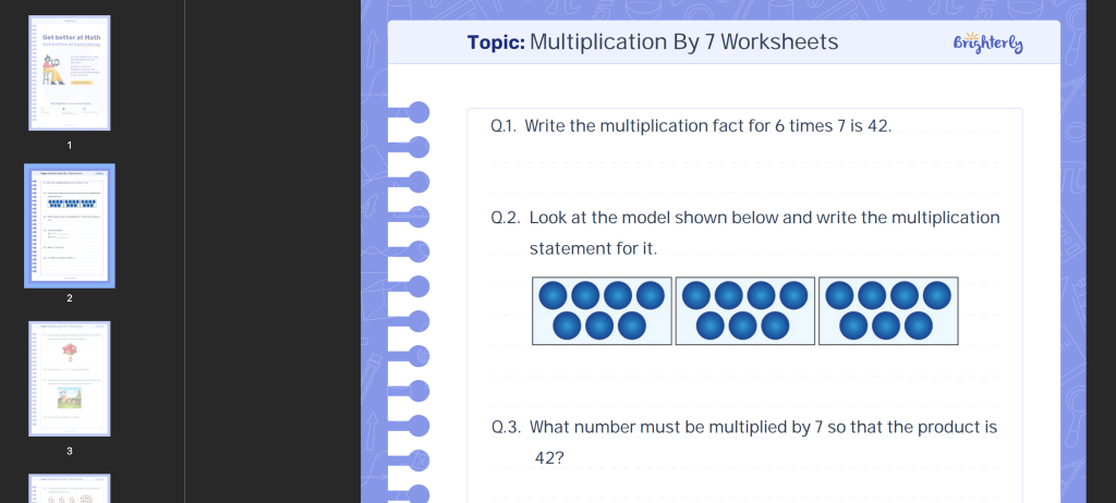 Multiplication by 7 worksheets PDF: Examples
