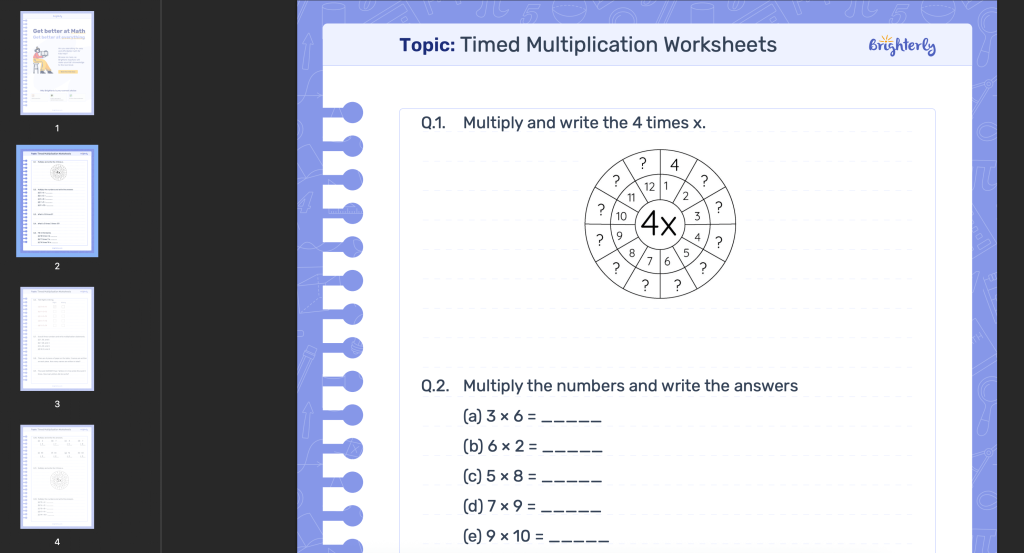 Multiplication timed test worksheets: Examples