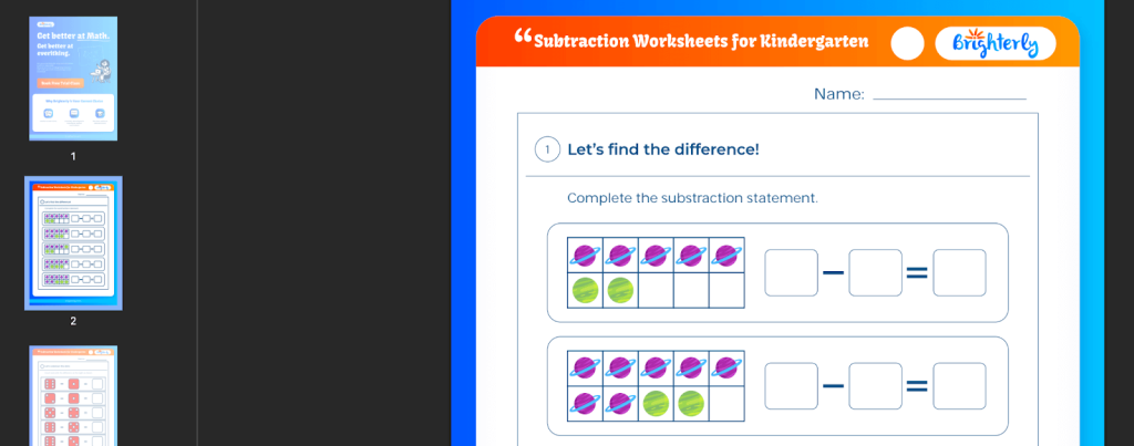 Subtraction within 10 worksheets with pictures: Examples