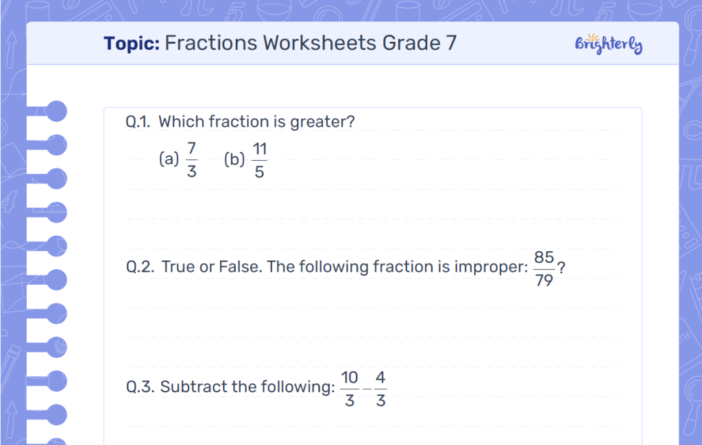 Fractions Worksheets Grade 7 Example