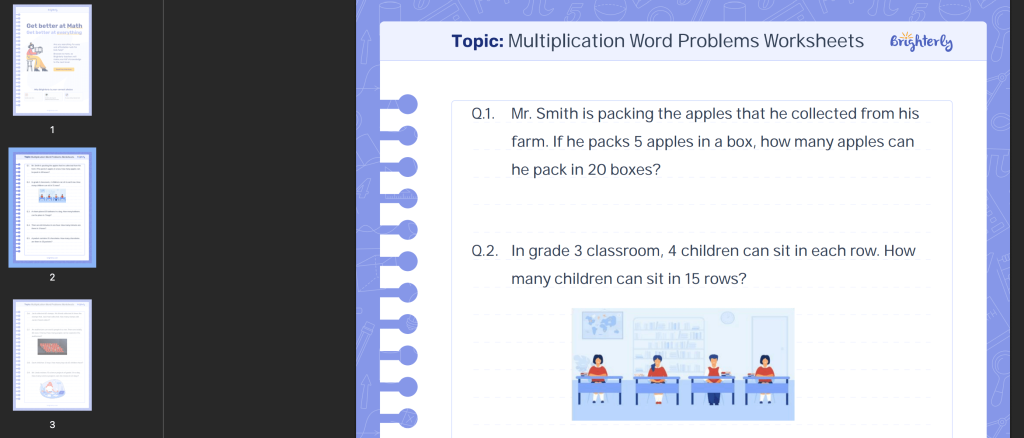 Multiplication worksheets word problems grade 3: Examples